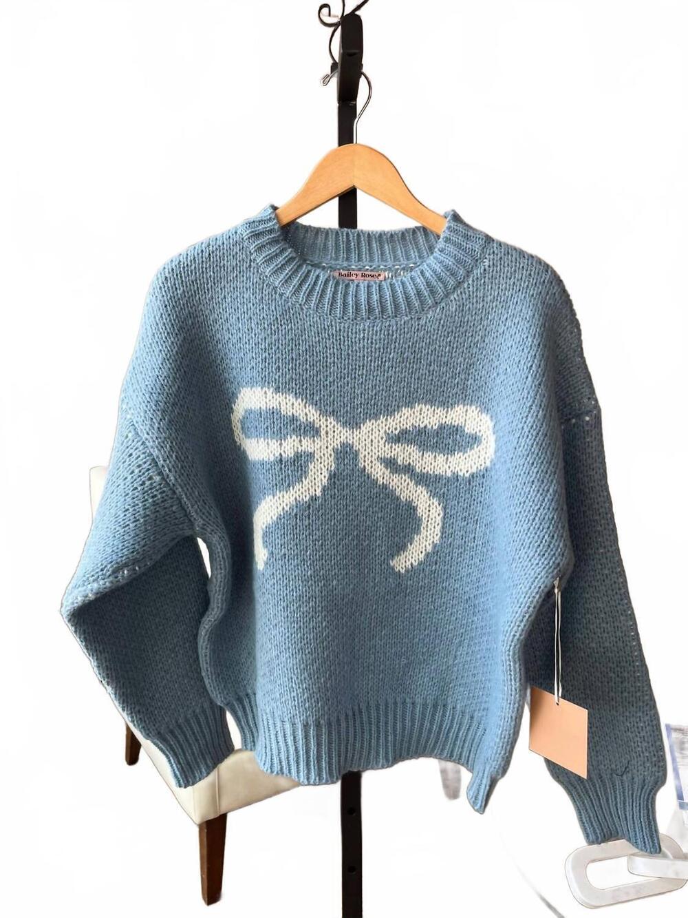NEW BAILEY ROSE women's blair bow sweater in dusty blue
